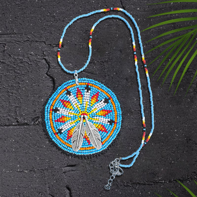 Blue Multi Flame Feather Beaded Patch Necklace Pendant Unisex With Native American Style