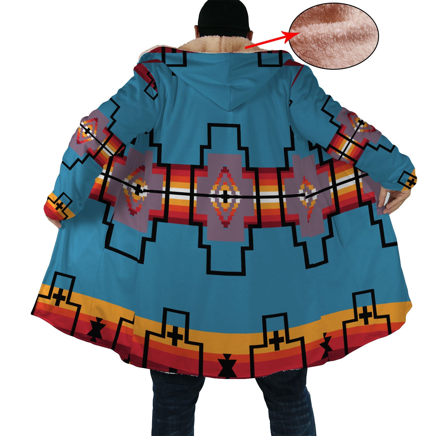 Native American Blue Pattern Horn Button Long Fleece Windbreaker WCS