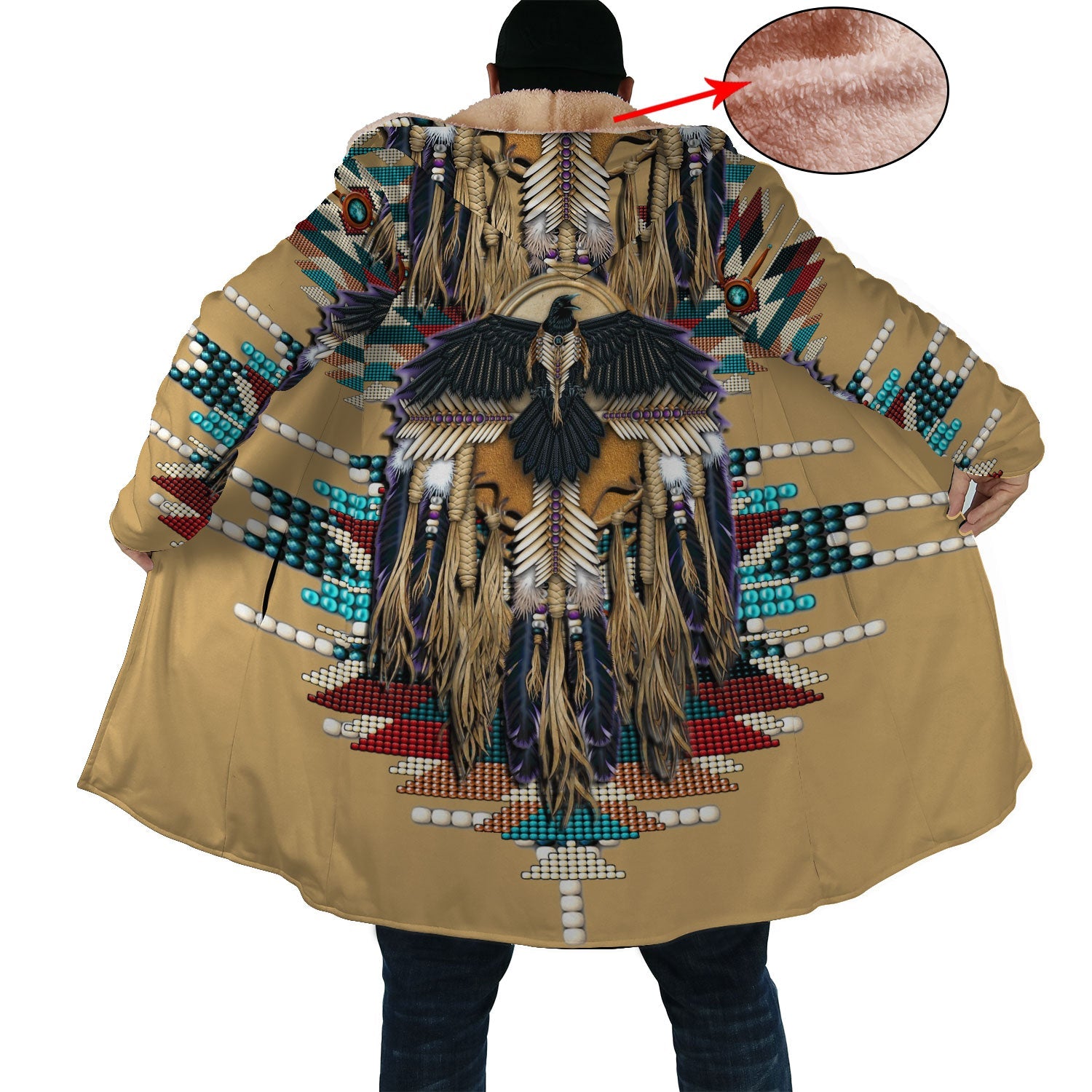 Native Eagle Pattern Horn Button Long Fleece Windbreaker WCS