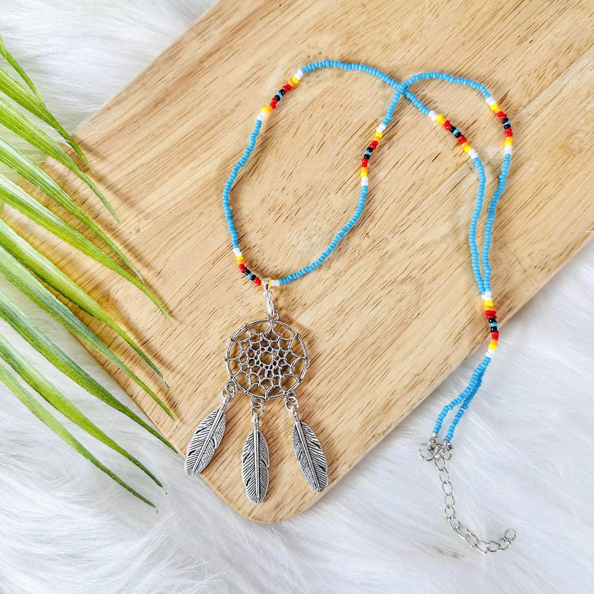 Long Silver Dreamcatcher Dark Blue Handmade Beaded Necklace For Women Native American Style