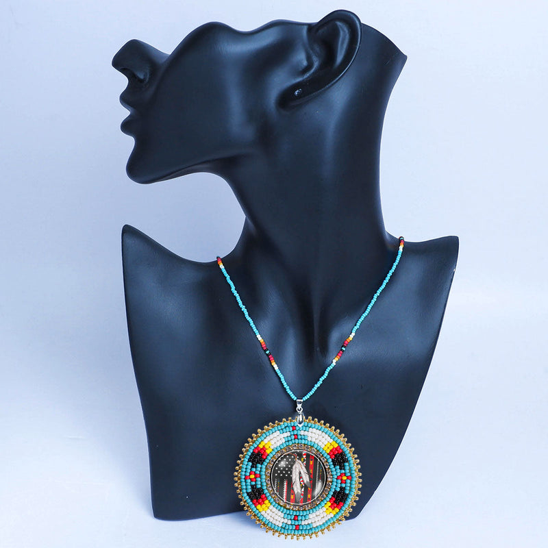 Native Flag Feathers Handmade Beaded Wire Necklace Pendant Unisex With Native American Style