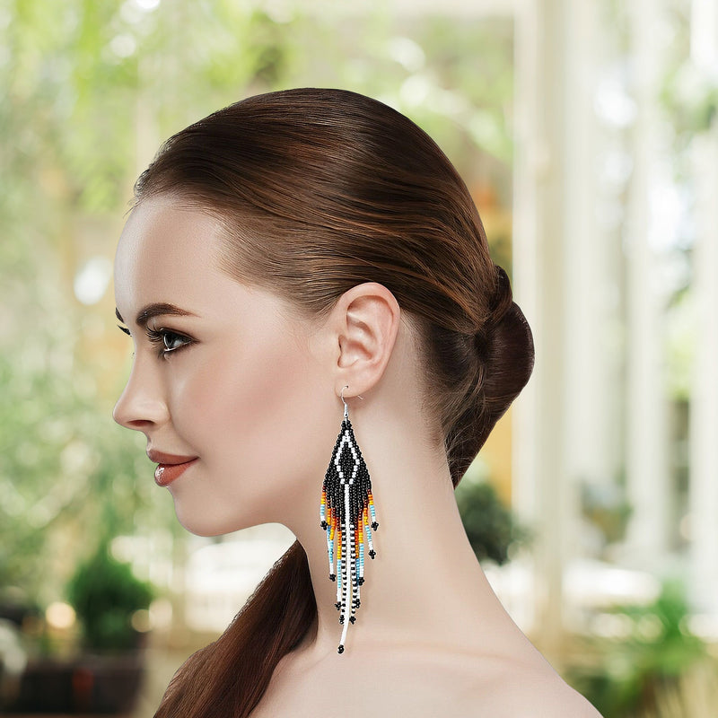 Black Multi-Color Hook Pattern Beaded Handmade Earrings For Women