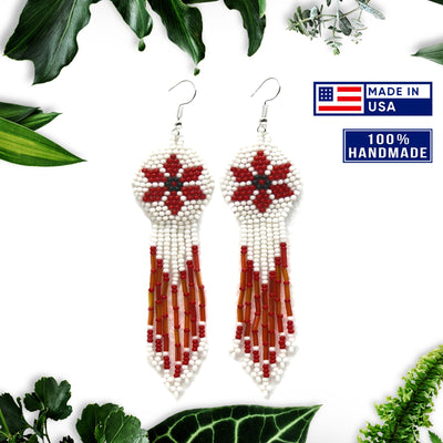 White Red Flower Beaded Handmade Earrings For Women