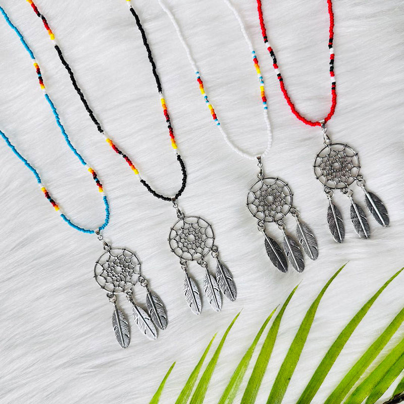 Long Silver Dreamcatcher White Lightning Handmade Beaded Necklace For Women With Native American Style