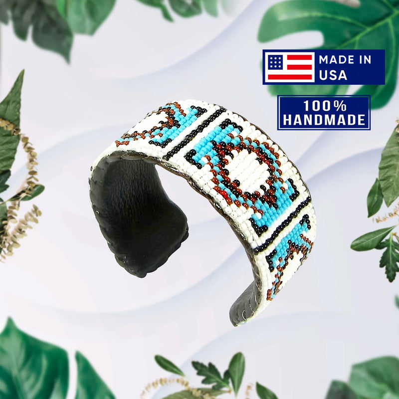Handmade Beaded White Medicine Man’S Eye Hard Cuff Leather Bracelet