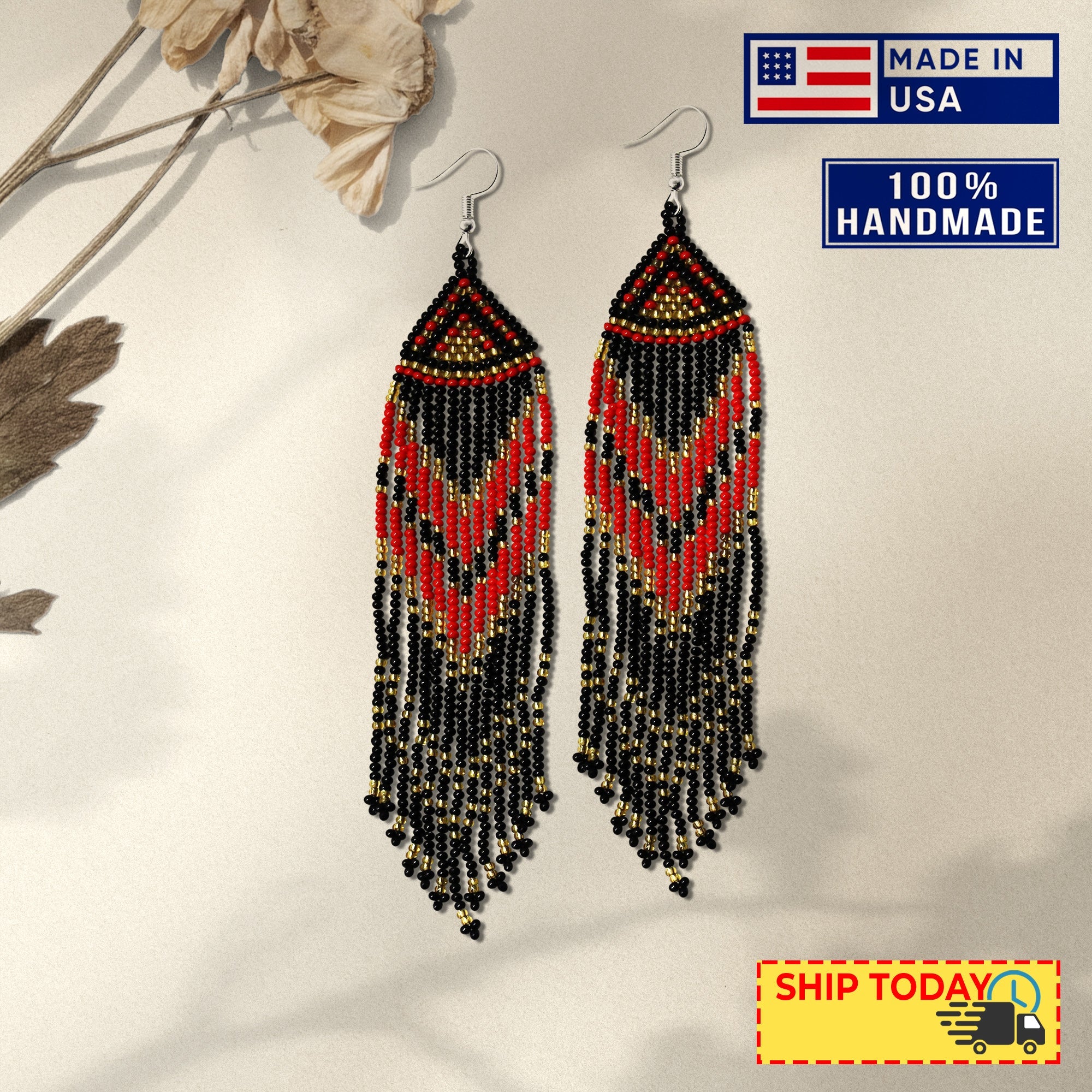 Red Black Long Beaded Handmade Earrings For Women