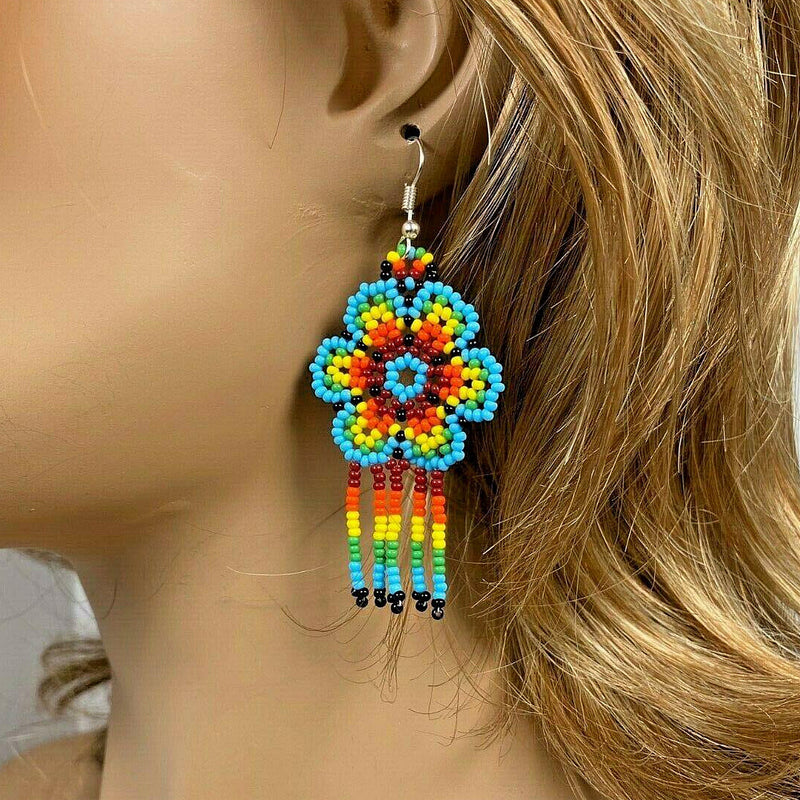 Ethnic Flower Turquoise Chandelier Beaded Handmade Earrings For Women
