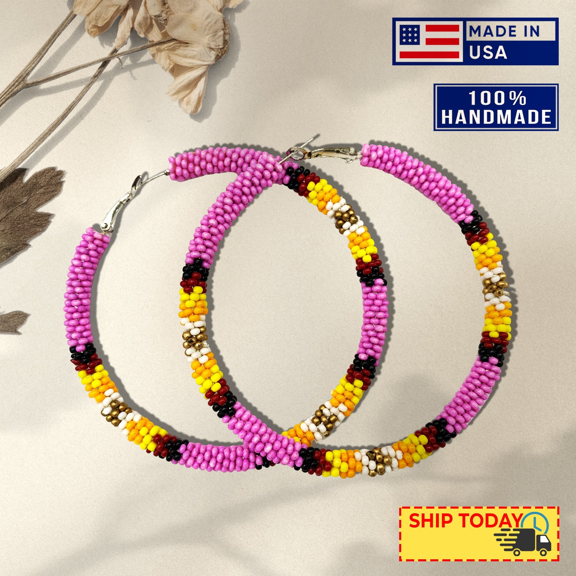 3 inch Hoop Round Pattern Beaded Handmade Earrings For Women