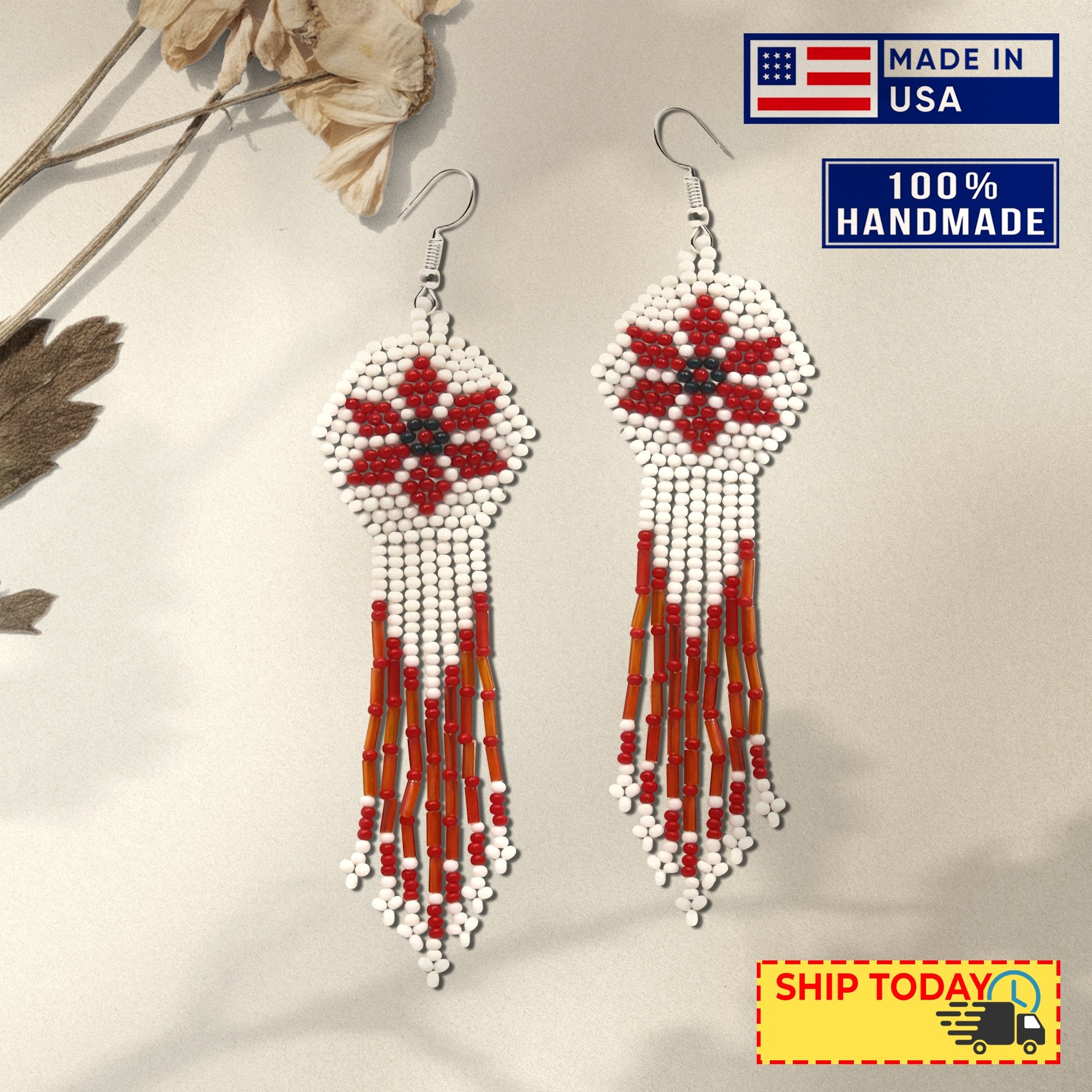 White Red Flower Beaded Handmade Earrings For Women