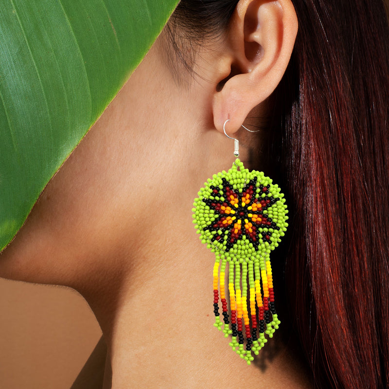 Green Fire Color Flower Round Beaded Handmade Earrings For Women