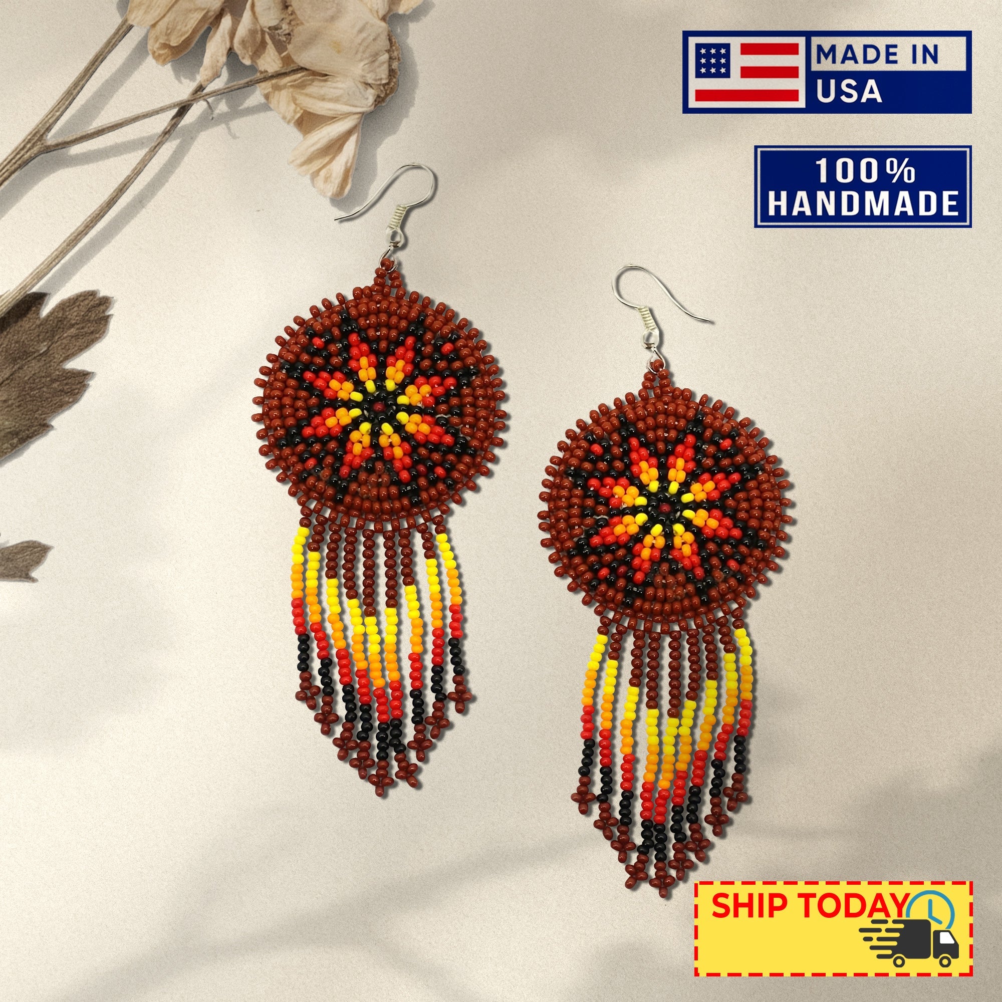 Brown Fire Color Flower Round Beaded Handmade Earrings For Women
