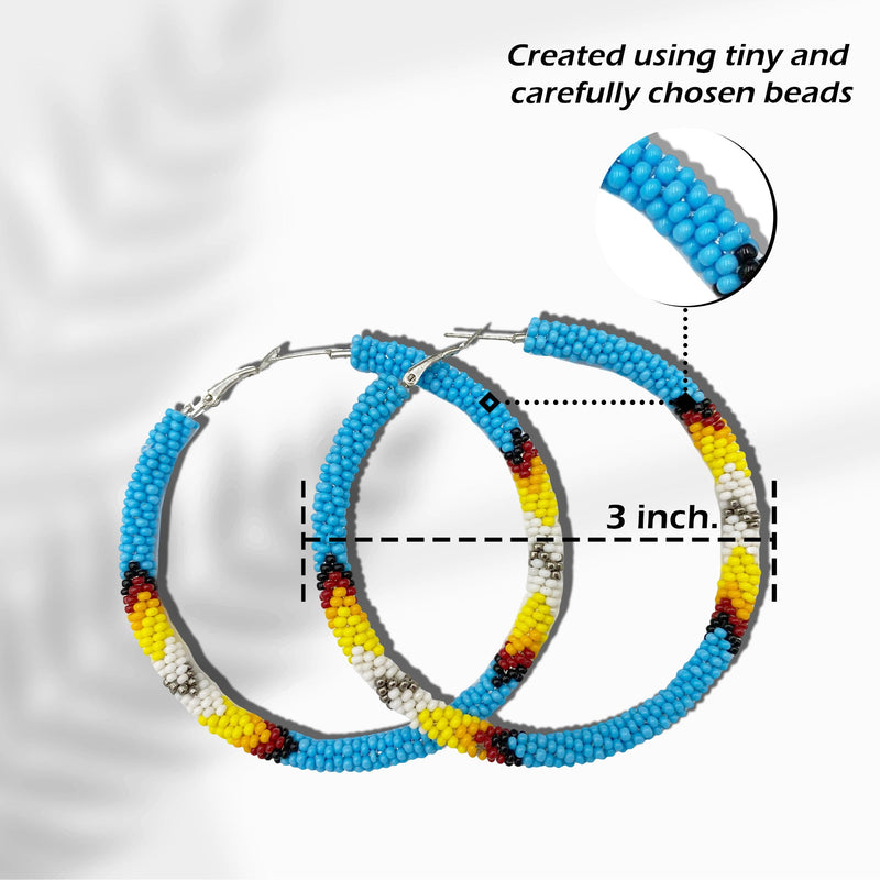Cyan Blue 3-inch Hoop Pattern Beaded Handmade Earrings For Women