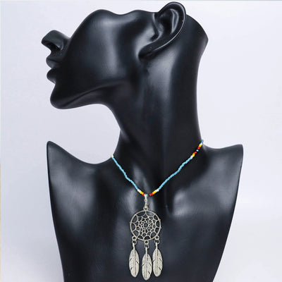 Long Silver Dreamcatcher Red Petals Handmade Beaded Necklace For Women With Native American Style