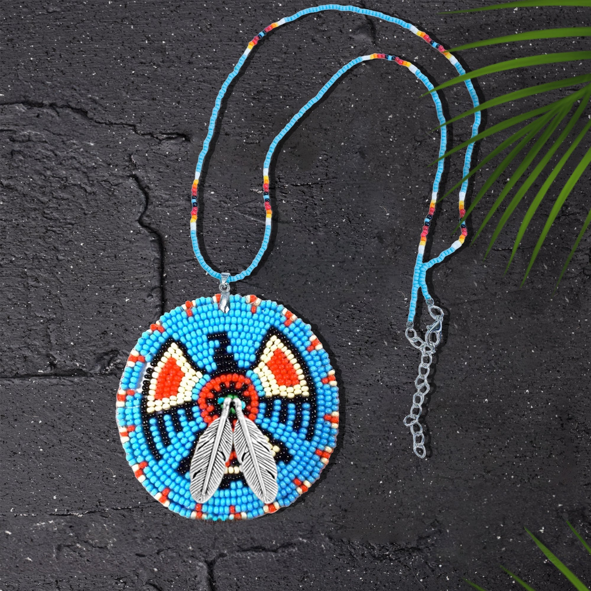 Blue Thunderbird Beaded Patch Necklace Pendant Unisex With Native American Style