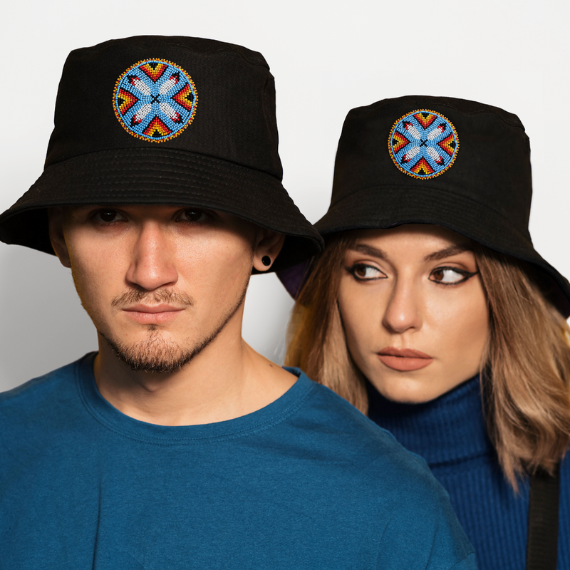 Four Feather Beaded Unisex Cotton Bucket Hat with Native American