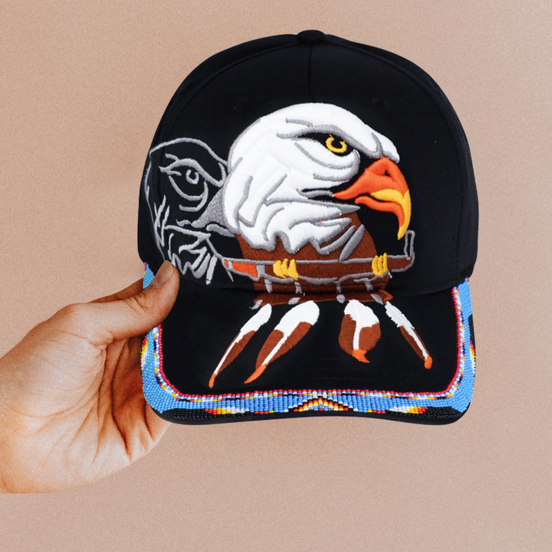 Eagle With Pipe Embroidered  Beaded Baseball Cap With Brim Unisex Native American Style