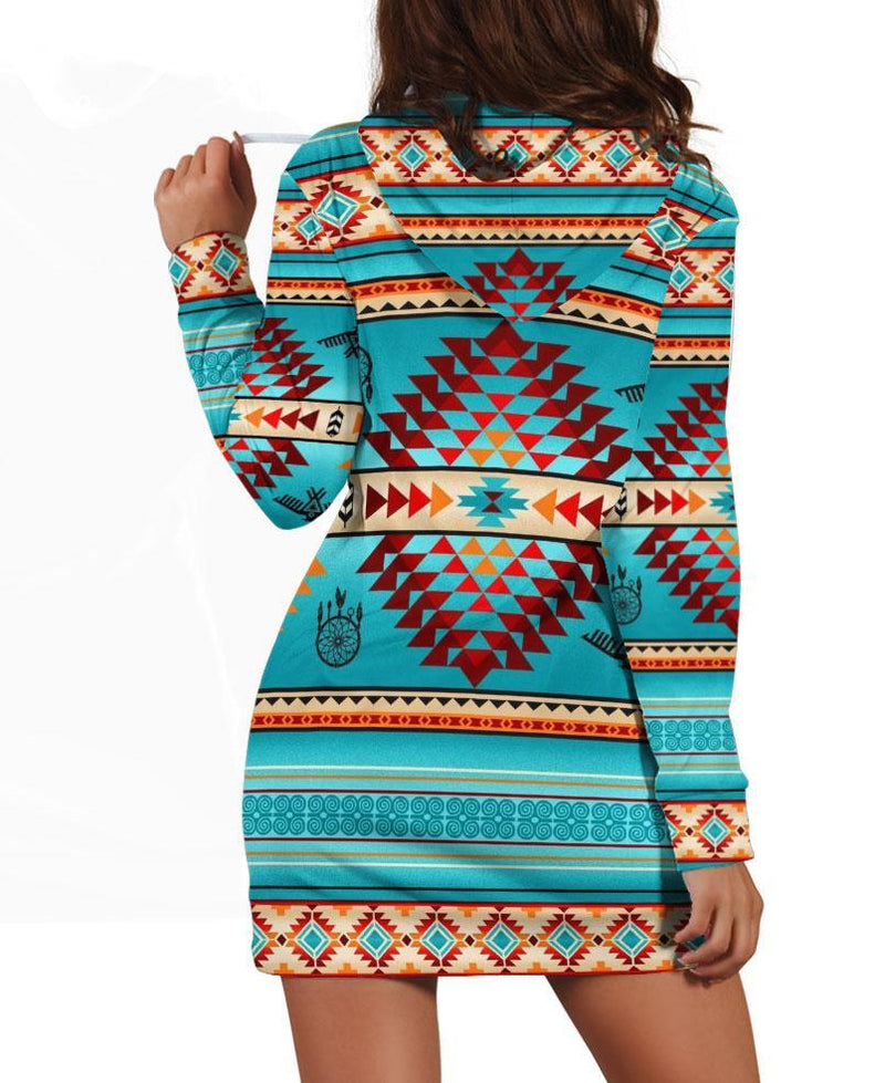 Native Turquoise Background Hoodie Dress WCS