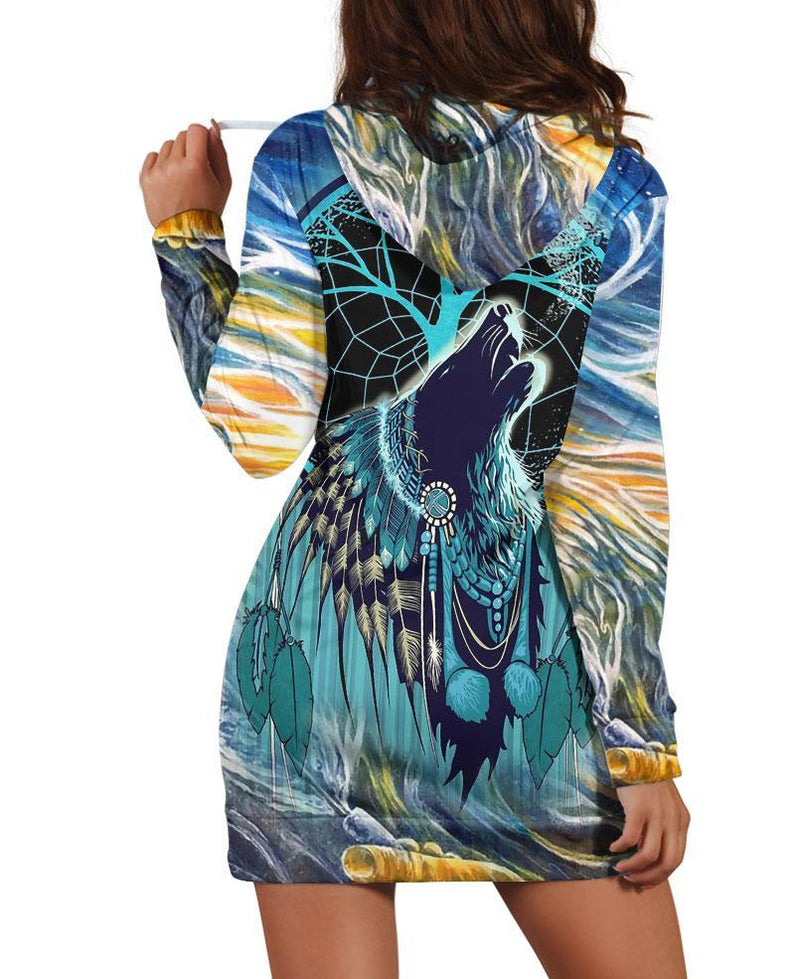 Native Wolf Blue Hoodie Dress - Native American Pride Shop