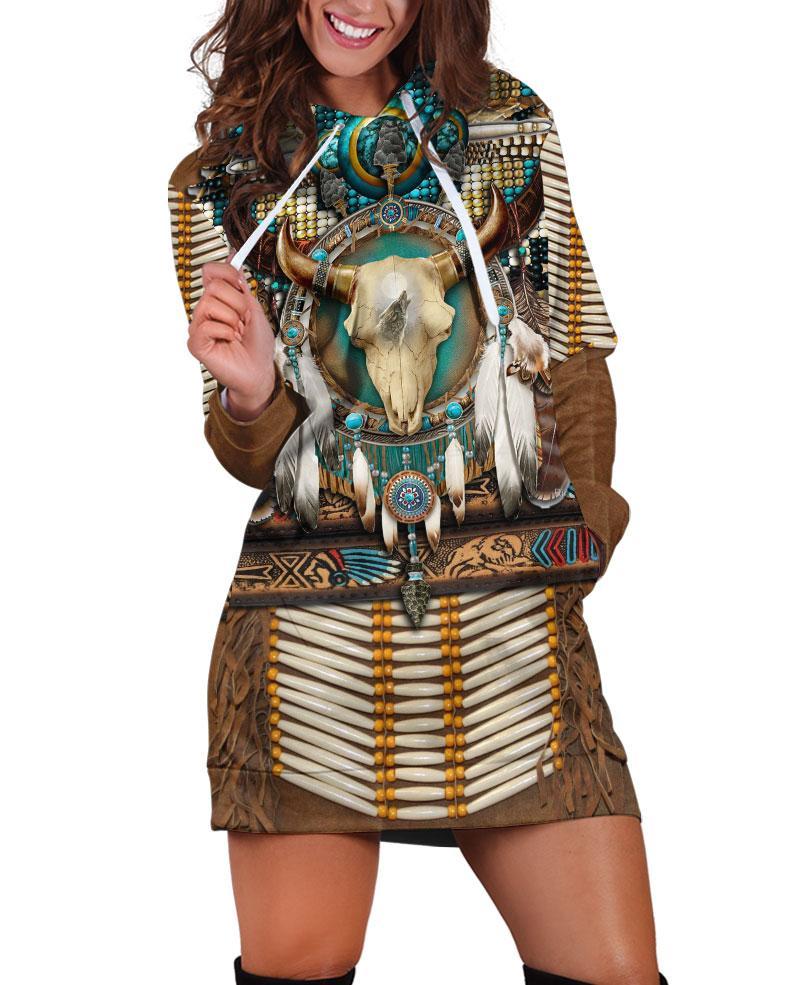 Brown Native Buffalo Skull Hoodie Dress WCS