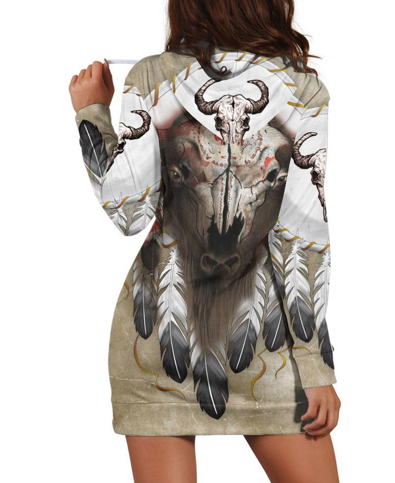 Feather & Buffalo Skull Hoodie Dress WCS
