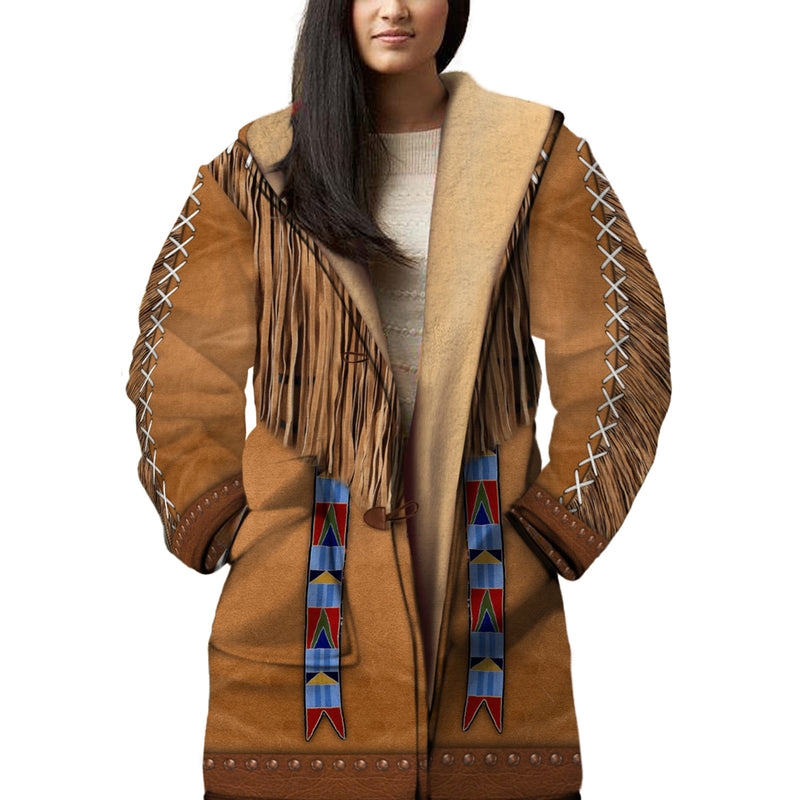 Native American Pattern Horn Button Long Fleece Windbreaker WCS