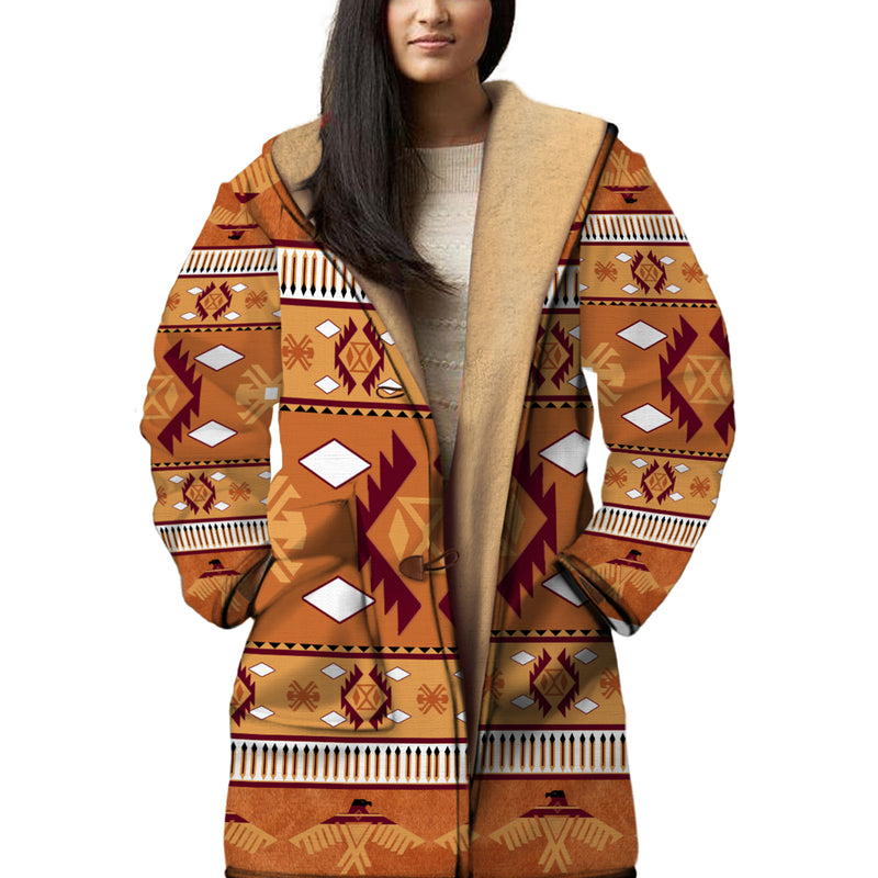 Native American Brown Pattern Horn Button Long Fleece Windbreaker WCS