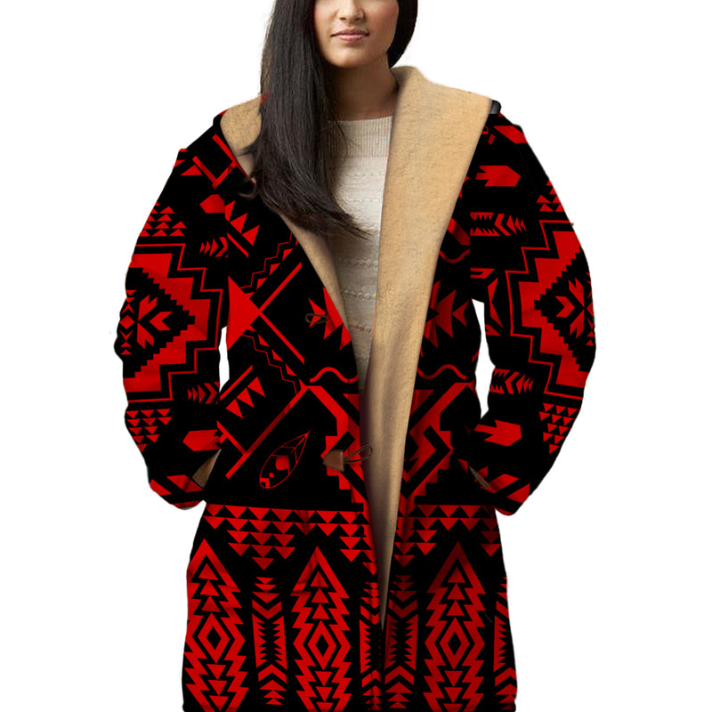 Native American Red Pattern Horn Button Long Fleece Windbreaker WCS