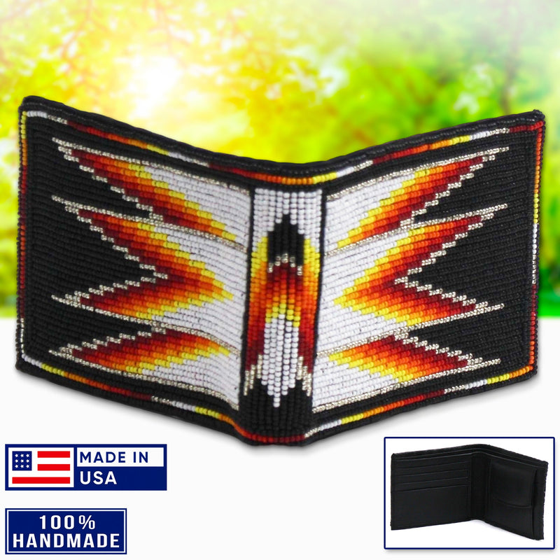 Handmade beaded Black Silver Fire Native American style genuine leather Men’s bifold Wallet/purse IBL