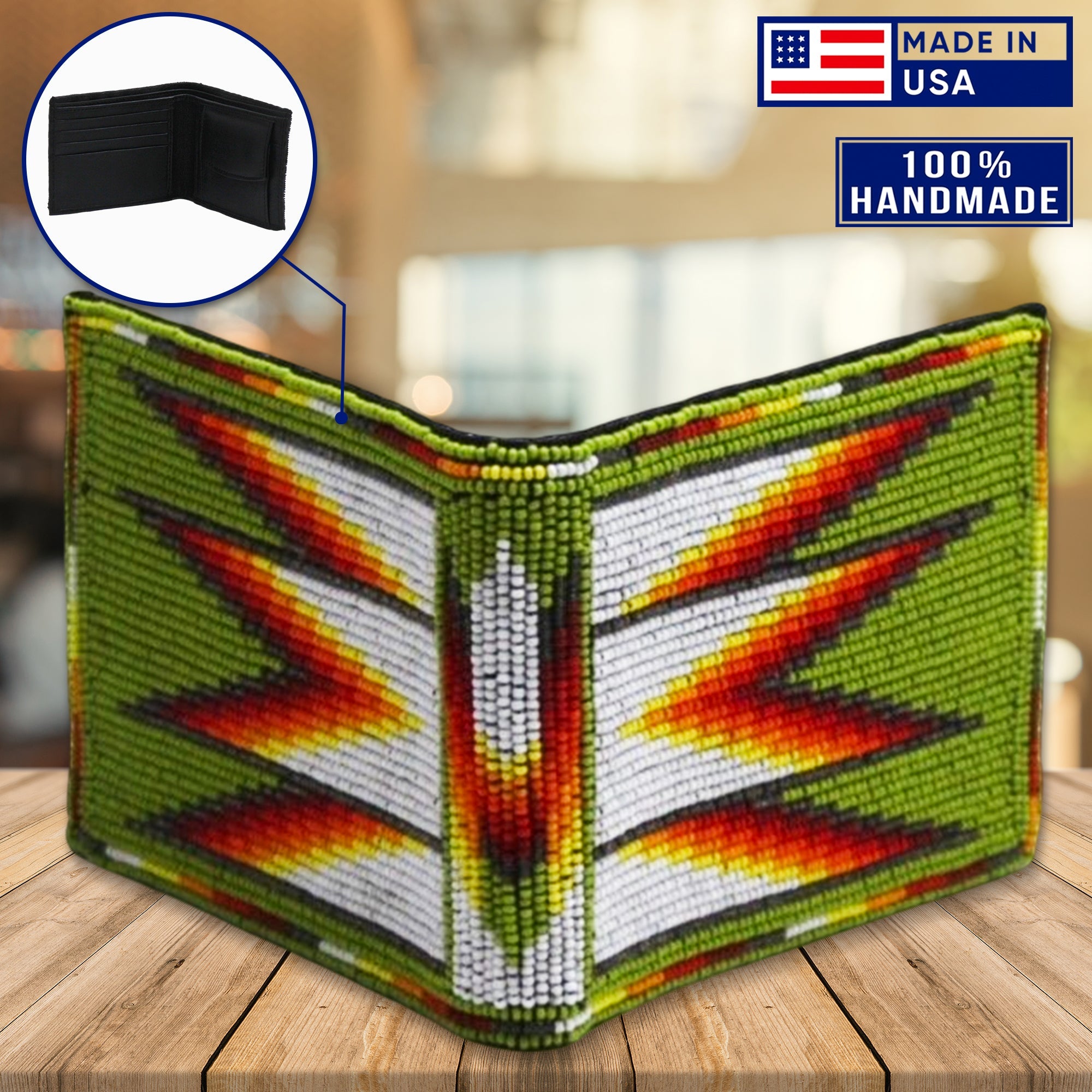 Handmade Beaded Olive Green Fire Native American style genuine leather Men’s bifold Wallet/Purse IBL