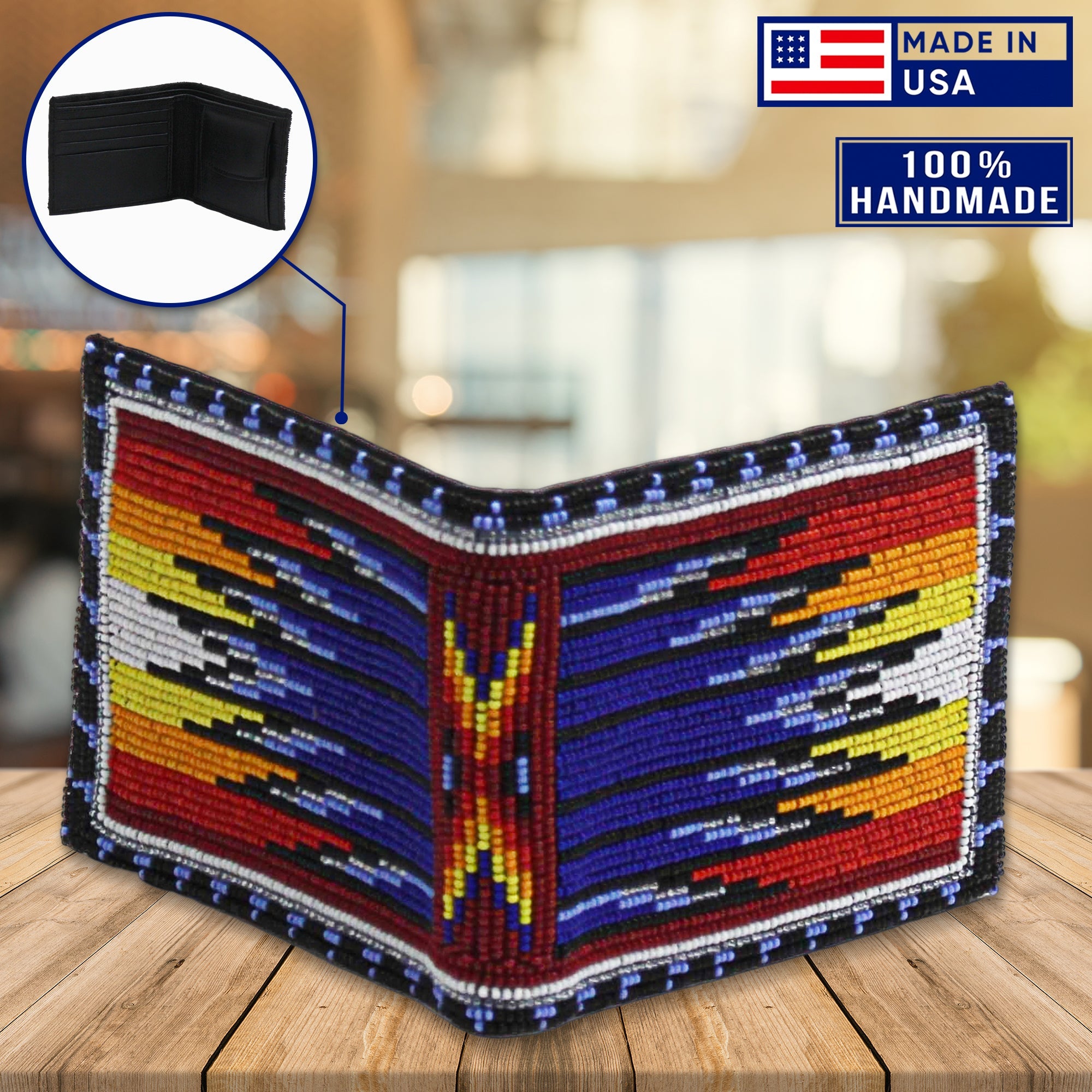 Handmade Beaded Deep Blue Fire Native American style genuine leather Men’s bifold Wallet/purse IBL
