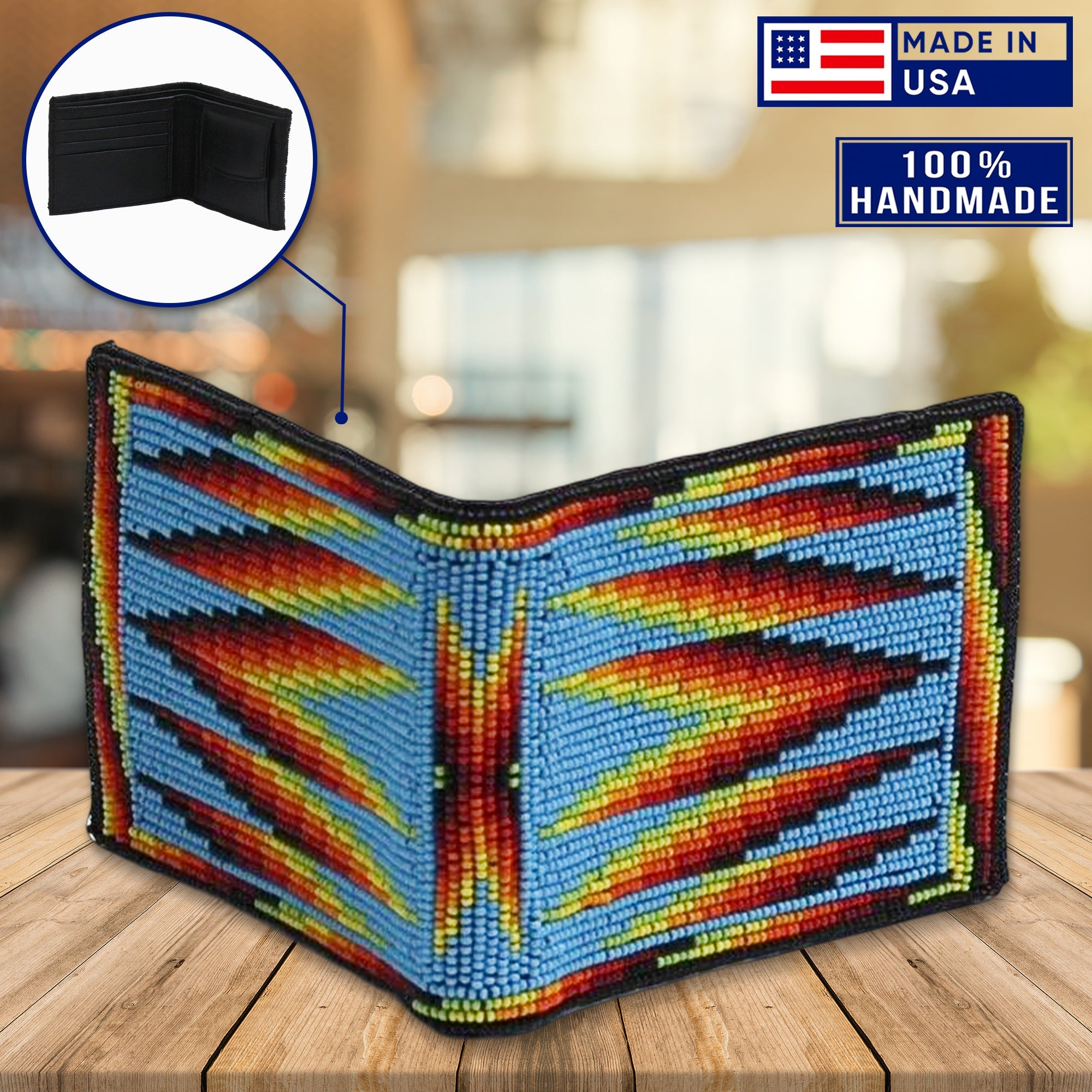 Handmade Beaded Blue Native American style genuine leather Men’s bifold Wallet/purse IBL