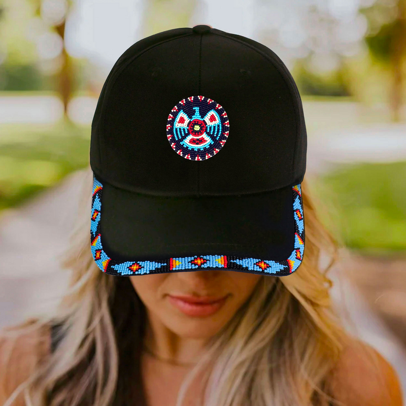 Thunderbird Handmade Baseball Cap  With Patch And A Colorful Beaded Brim Native American Style Beaded