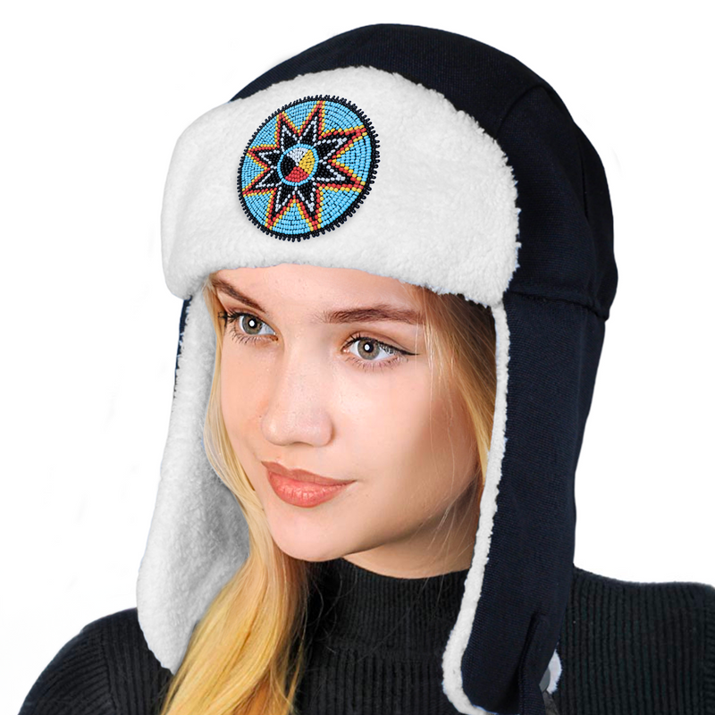 Medicine Wheel Star Beaded Winter Trapper Hats For Men Women Native American Style