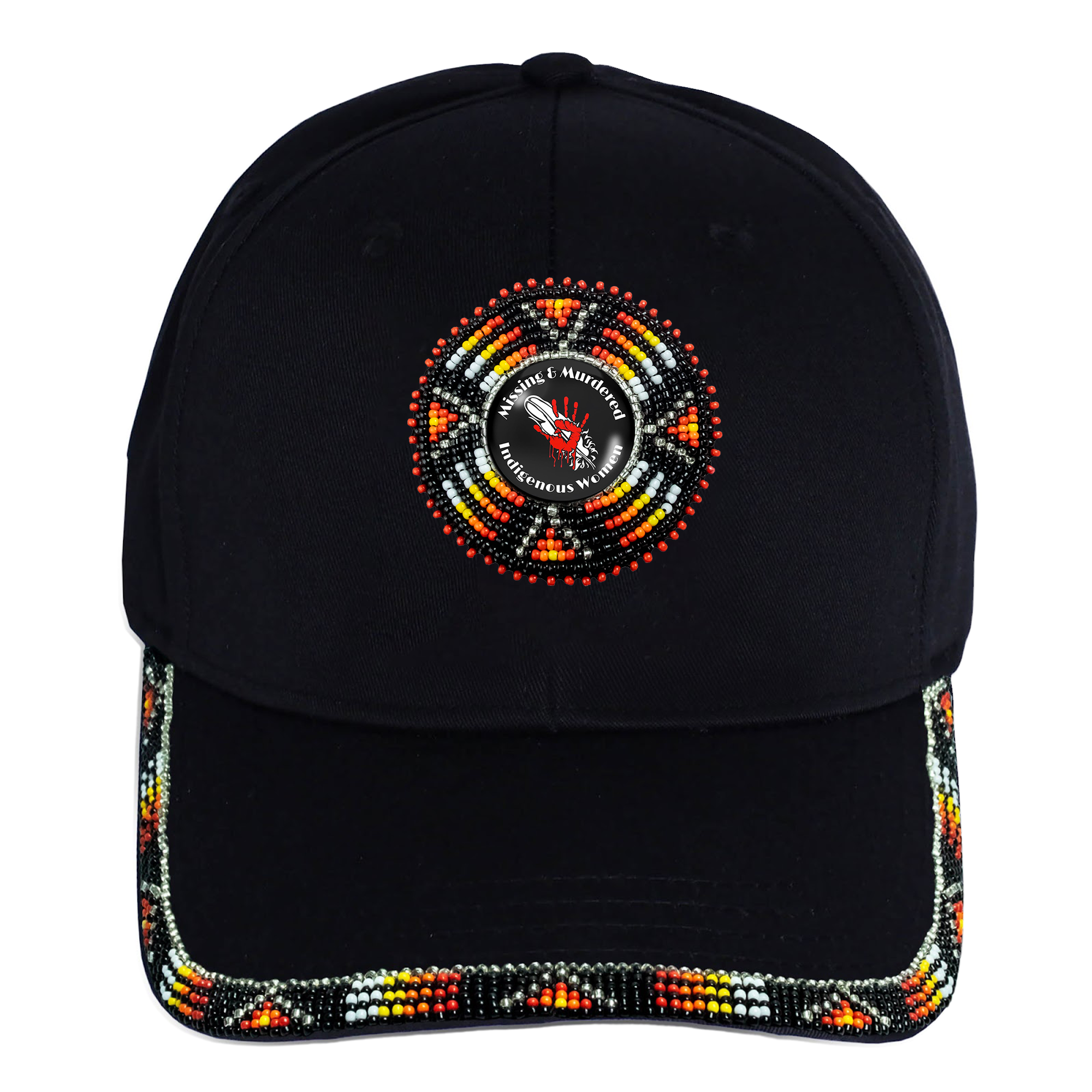 Red Hand Baseball Cap With Patch And A Colorful Beaded Brim Native American Style
