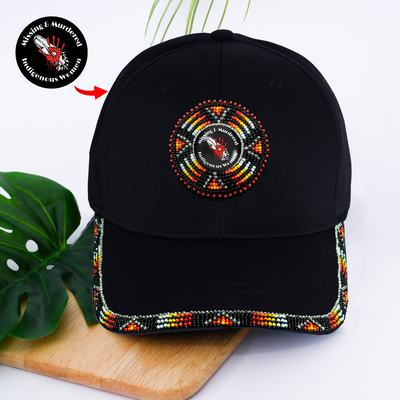 Red Hand Baseball Cap With Patch And A Colorful Beaded Brim Native American Style