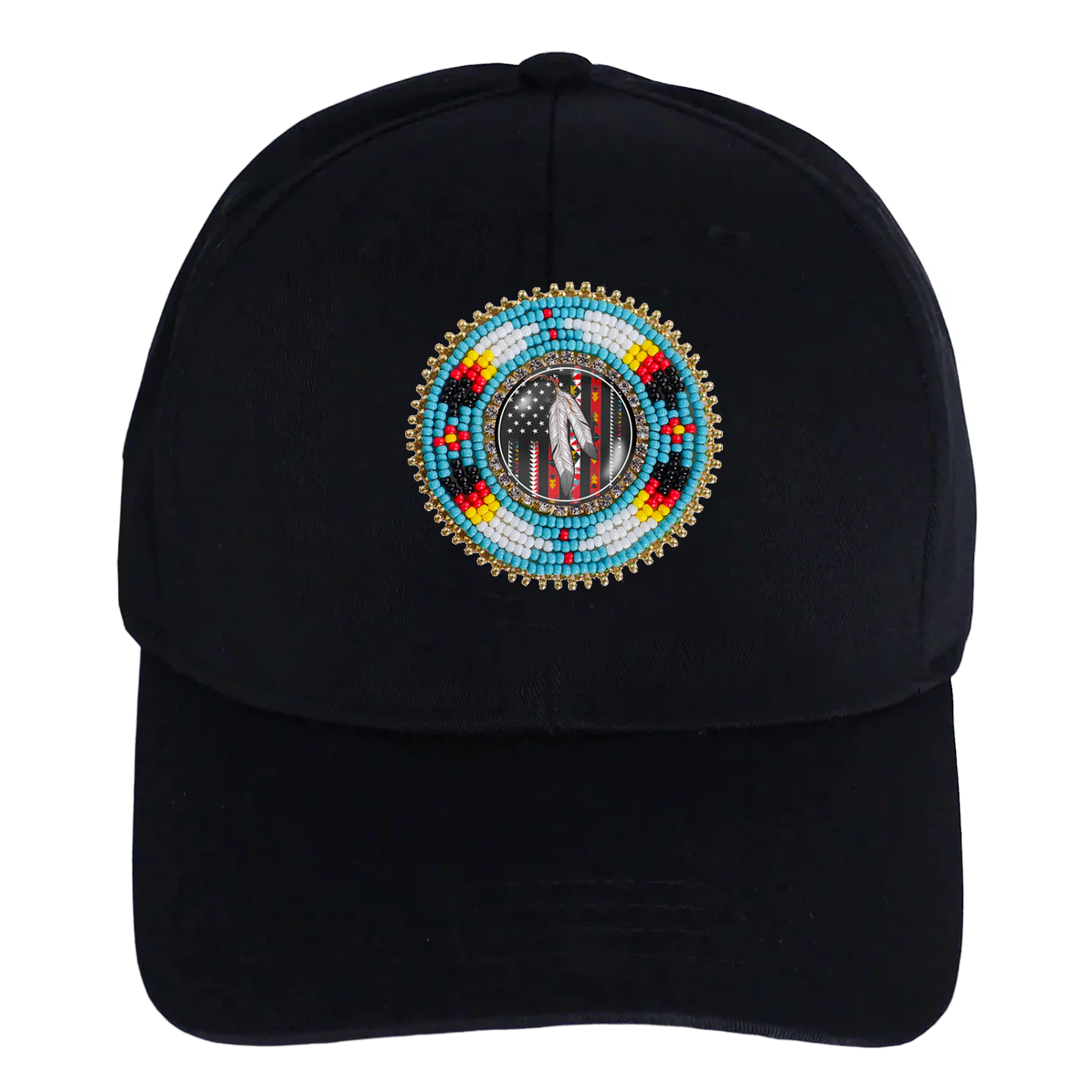 Feather Baseball Cap With Beaded Patch A Cotton Unisex Native American Style