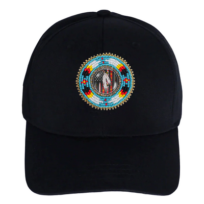 Feather Baseball Cap With Beaded Patch A Cotton Unisex Native American Style