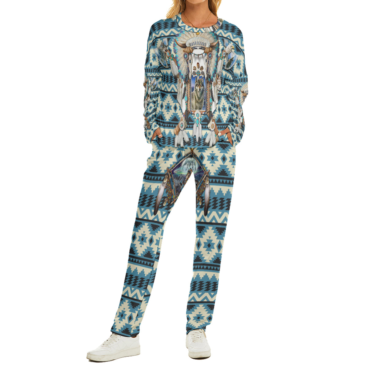 Native American Wolf Dreamcatcher Blue Pattern Women's Pajama Suit WCS