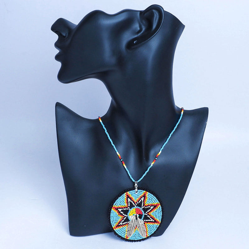 Long Medicine Wheel Handmade Beaded Wire Necklace Pendant Unisex With Native American Style
