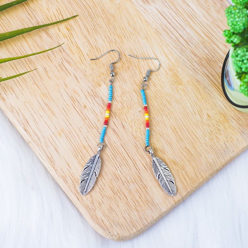 Black Stick with Metal Feather Beaded Handmade Earrings For Women