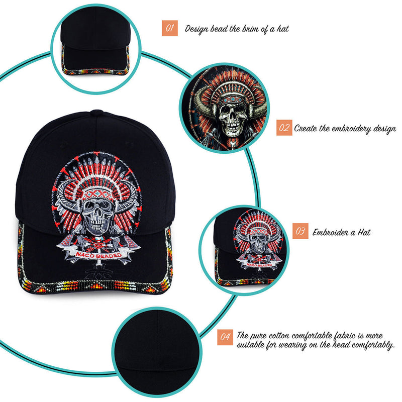 Skull Headdress Embroidered Beaded Baseball Cap With Brim Unisex Native American Style