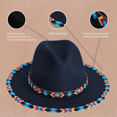 Dark Blue Pattern Fedora Hatband for Men Women Beaded Brim with Native American Style