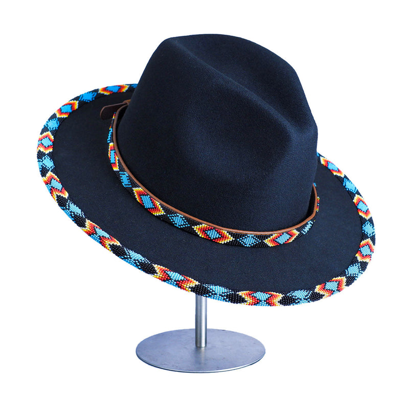 Dark Blue Pattern Fedora Hatband for Men Women Beaded Brim with Native American Style
