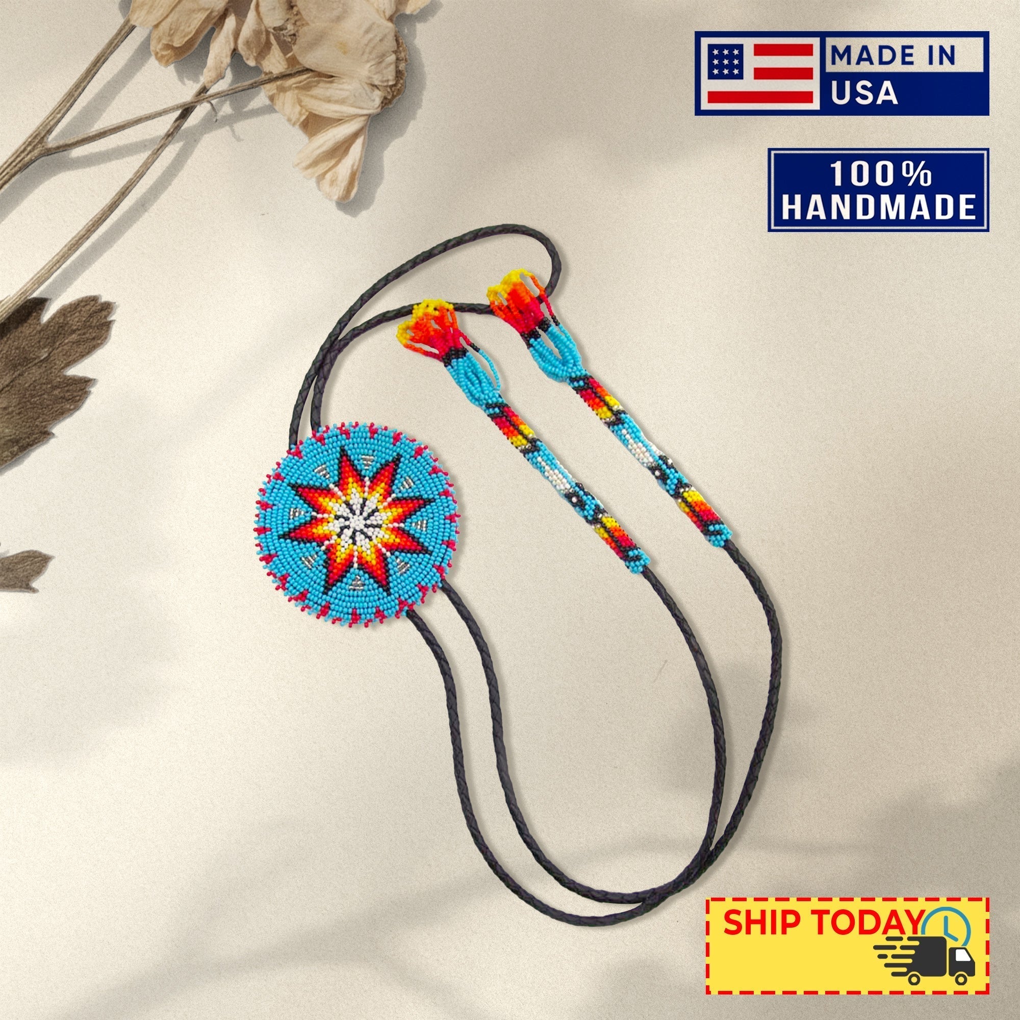 Turquoise Blue Seed Beaded Bolo Tie 3 Inch Handmade Star Beadwork Unisex With Native American Style