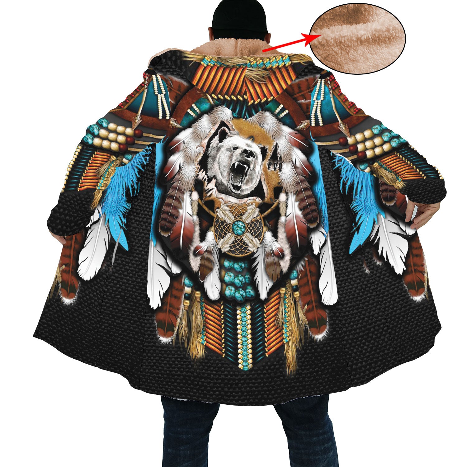 Native American Bear Dreamcatcher Horn Button Long Fleece Windbreaker WCS