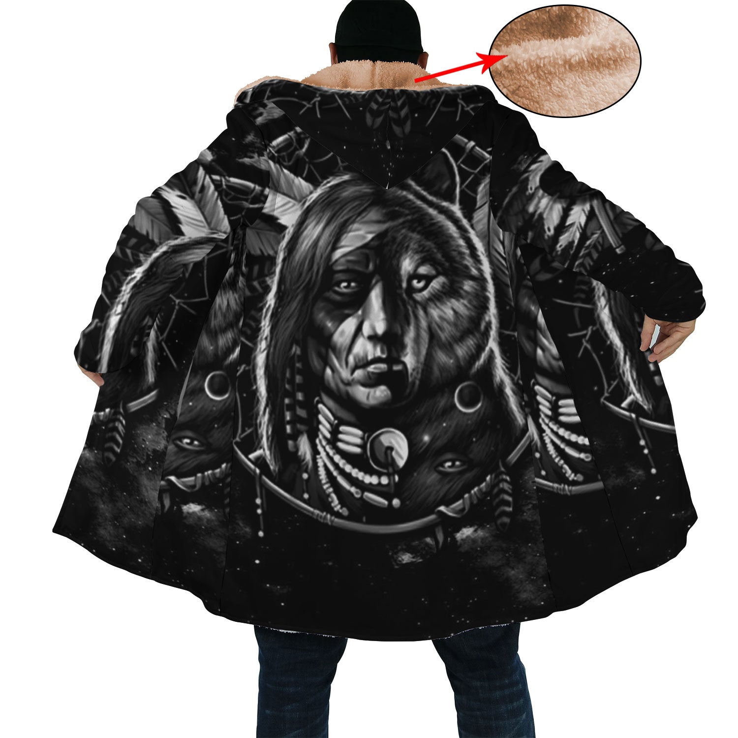 Native American Half Wolf Half Human Horn Button Long Fleece Windbreaker WCS