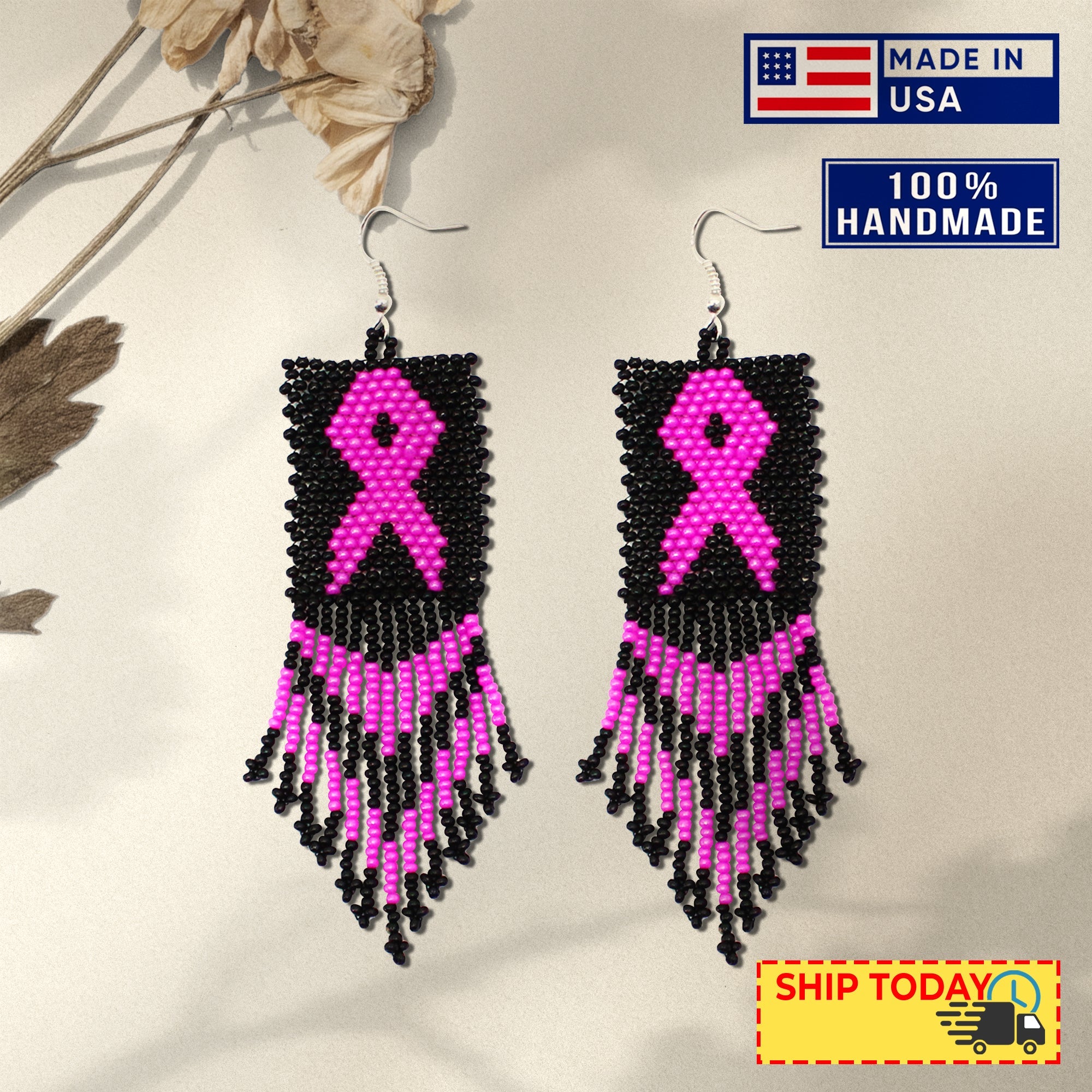 Black Pink Breast Cancer Awareness Beaded Handmade Earrings For Women