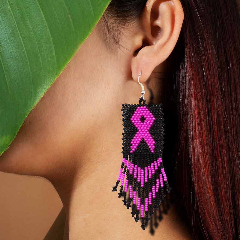 Black Pink Breast Cancer Awareness Beaded Handmade Earrings For Women