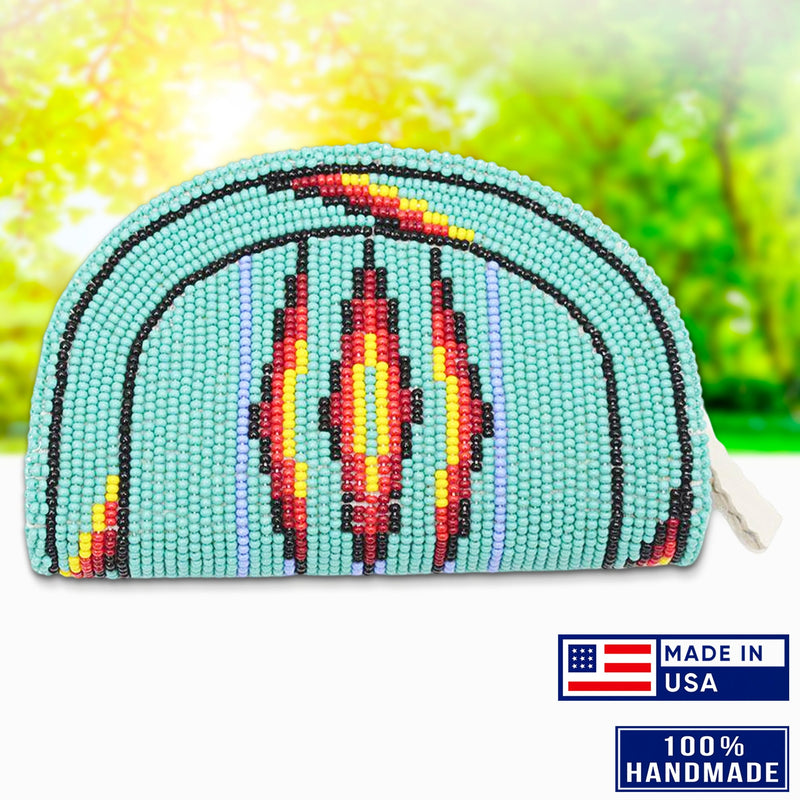Native Inspired Ethnic Style Sea Green Seed Bead Beaded Coin Purse IBL