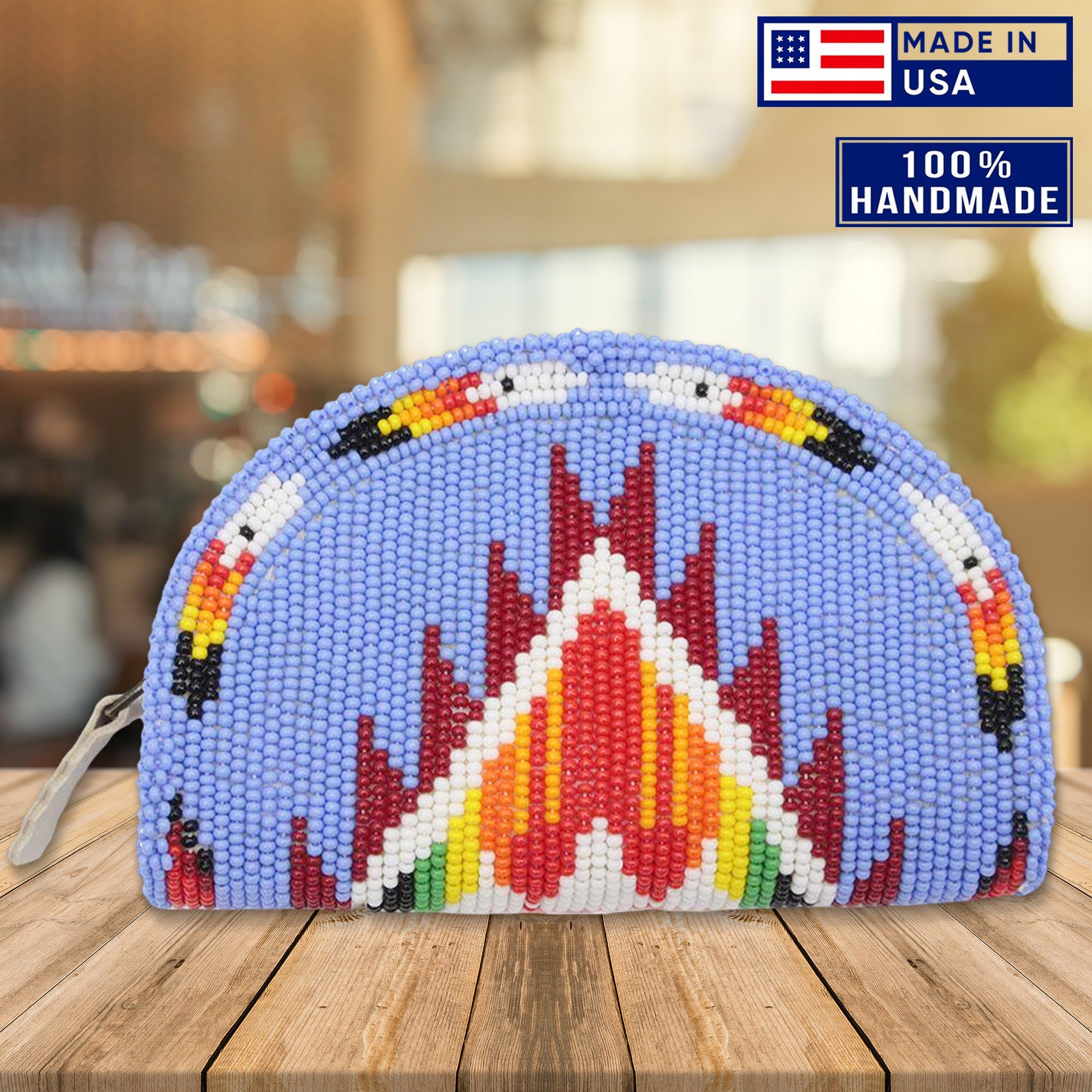 Native Inspired Ethnic Style Blue Red Seed Bead Beaded Coin Purse IBL